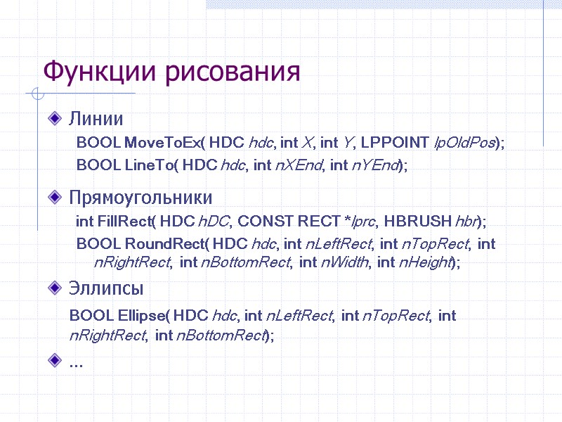 Функции рисования Линии BOOL MoveToEx( HDC hdc, int X, int Y, LPPOINT lpOldPos); BOOL